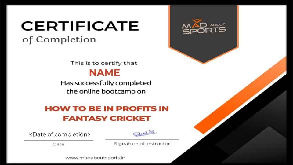Fantasy Cricket Bootcamp Certificate